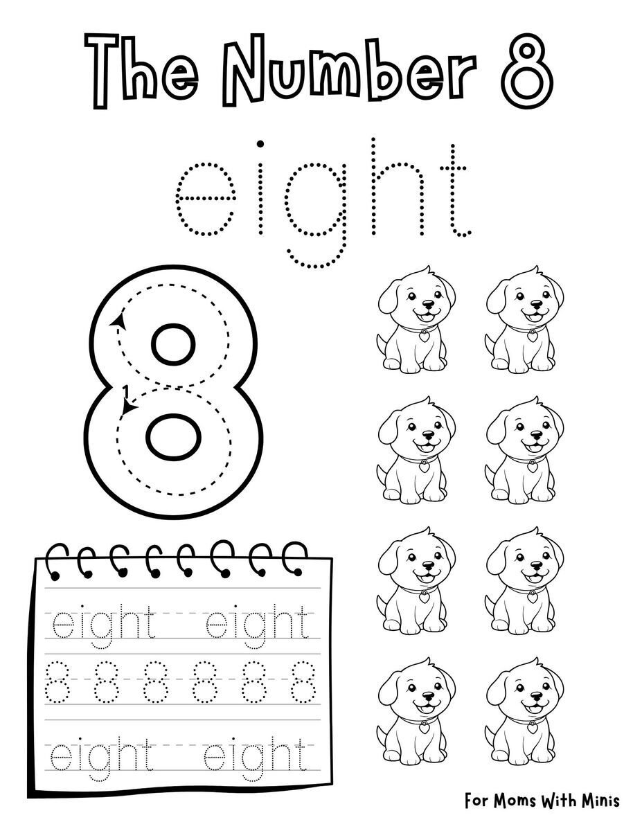 The Number 8 With Puppies Worksheet