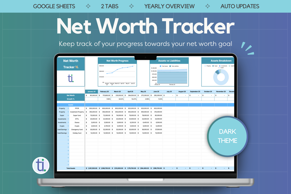 Net Worth Tracker for Google Sheets - Dark Theme