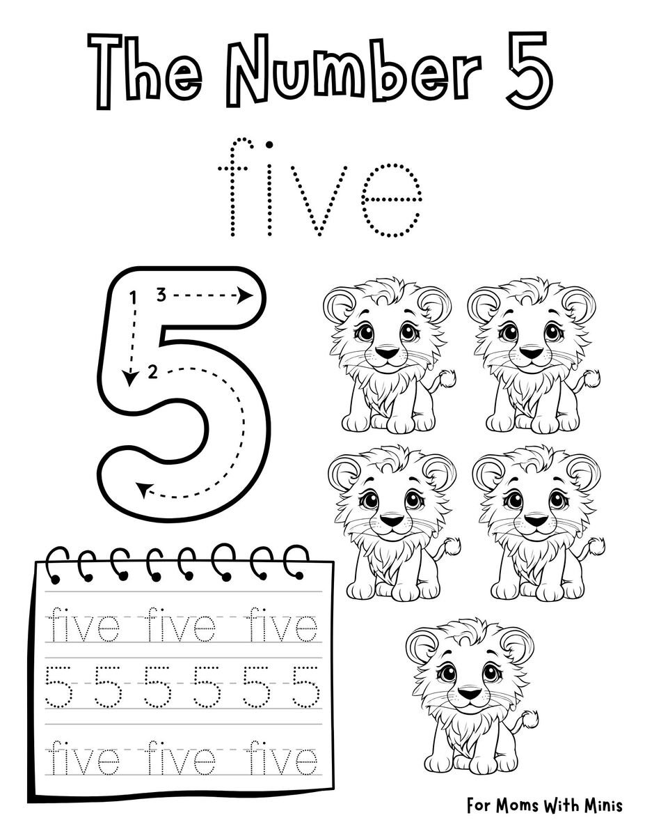 Write the Number Five and Count the Lions