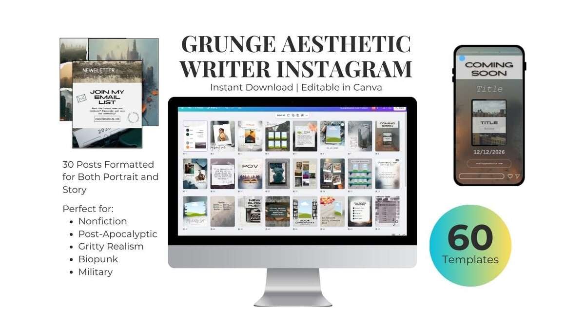 Grunge Writer Instagram Templates | Dystopian & Horror Author Social Media Pack | 60 IG Canva Posts & Stories