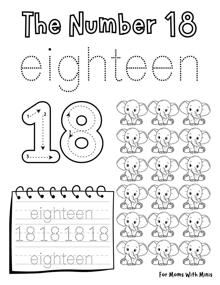 Write the Number Eighteen and Count the Elephants