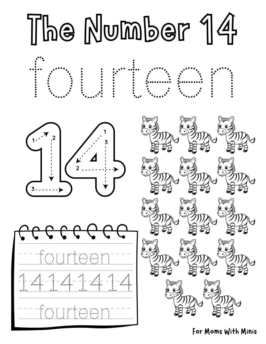 Write the Number Fourteen and Count the Zebras