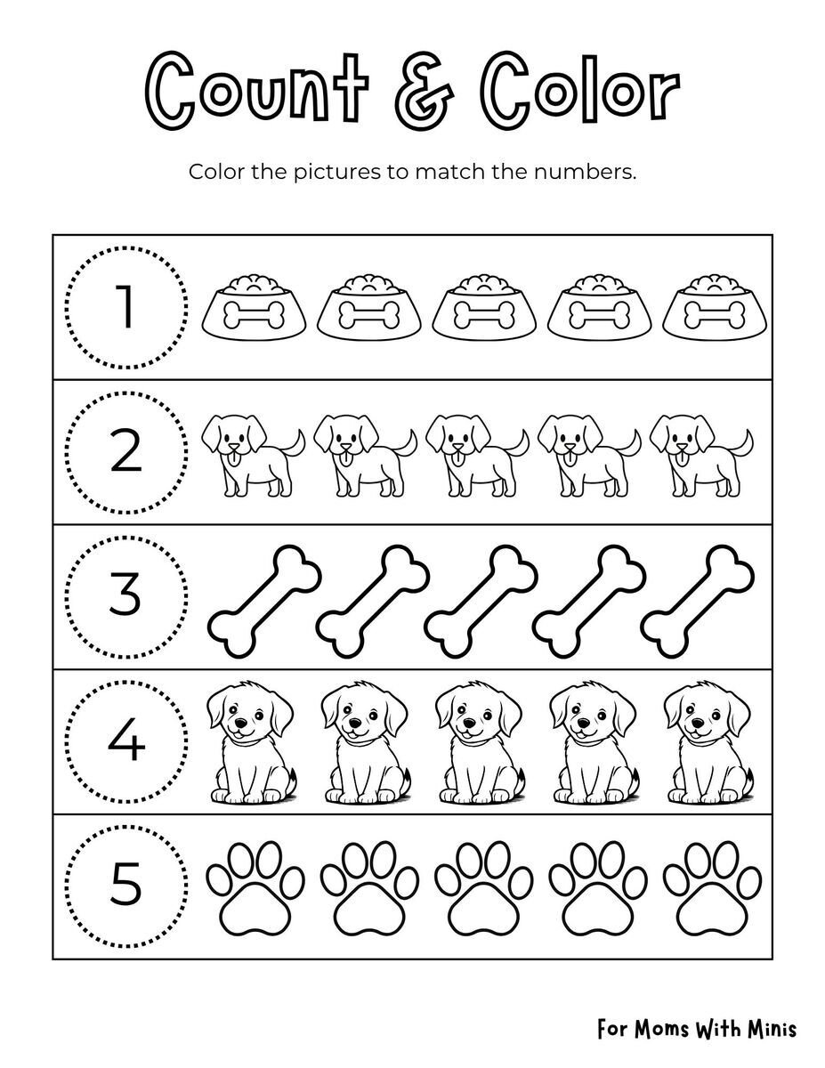 Dog-Themed Count and Color Worksheet