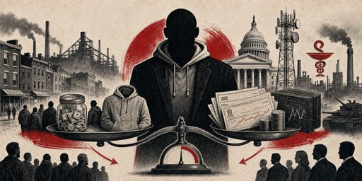 Editorial infographic of an authenticity balance sheet with hoodie, steel-town street, small-dollar jar, Senate columns, PAC checks, donor paperwork, telecom tower, health symbol, and defense factory.