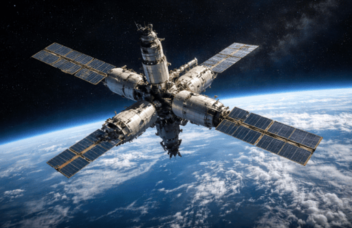 Mir space station module in orbit above Earth