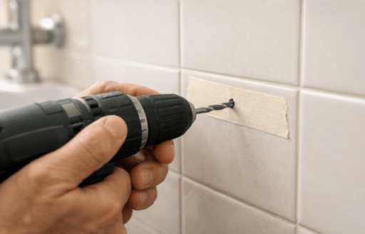 Hands drilling a clean hole through wall tile