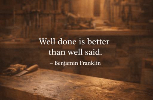 Quote that reads Well done is better than well said - Benjamin Franklin