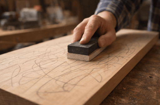 Pencil lines scribbled across a wooden board before sanding