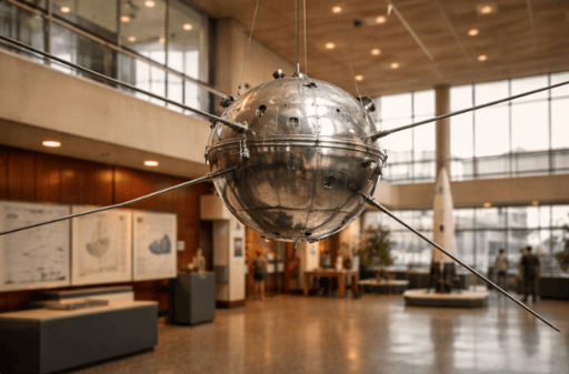 A small shiny satellite sphere in a museum-style display