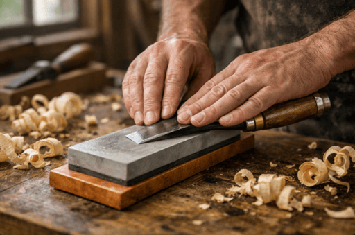 Wood chisel being sharpened on a sharpening stone