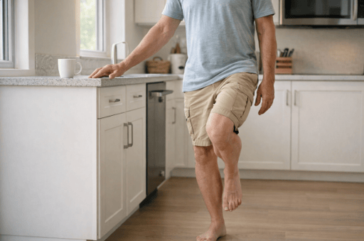 Person doing a safe one-leg balance stand near a counter