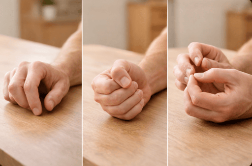 Hands doing simple finger and thumb movements on a table