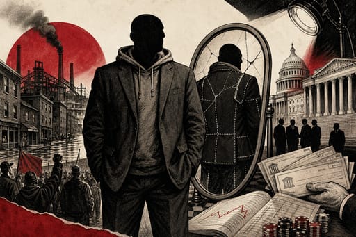 Editorial illustration of a tall senator silhouette in a hoodie under a suit jacket before a cracked mirror, Senate columns, steel-town street, and donor paperwork.