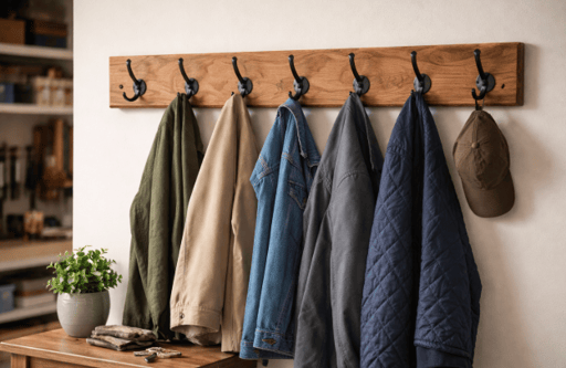 Wooden wall-mounted coat rack with metal hooks