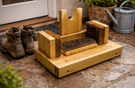 Outdoor boot cleaning station made from wood with scrub brushes