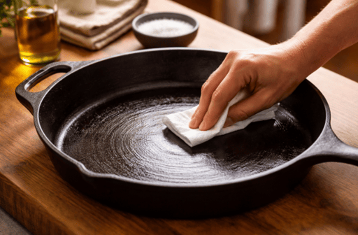 Cast iron skillet being wiped with a thin layer of oil
