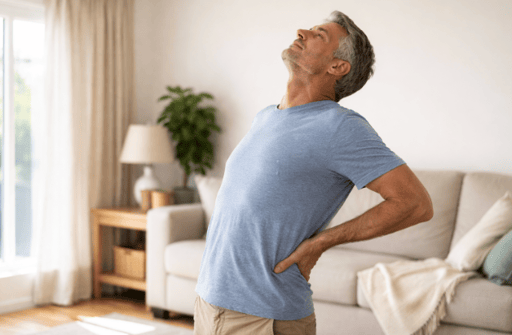 Man standing with hands on hips gently arching back