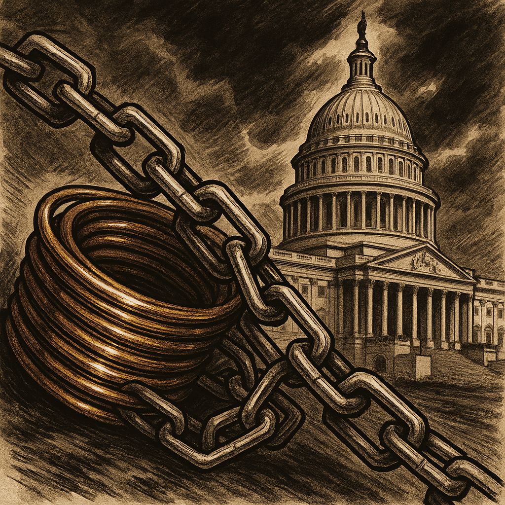 A gleaming copper coil intertwined with digital blockchain links, set against a backdrop of Capitol Hill under stormy skies, evoking tension and opportunity.
