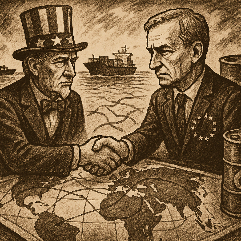 A symbolic handshake between American and European figures over a map of trade routes, with cargo ships and oil barrels in the background, evoking cautious optimism amid economic tension.