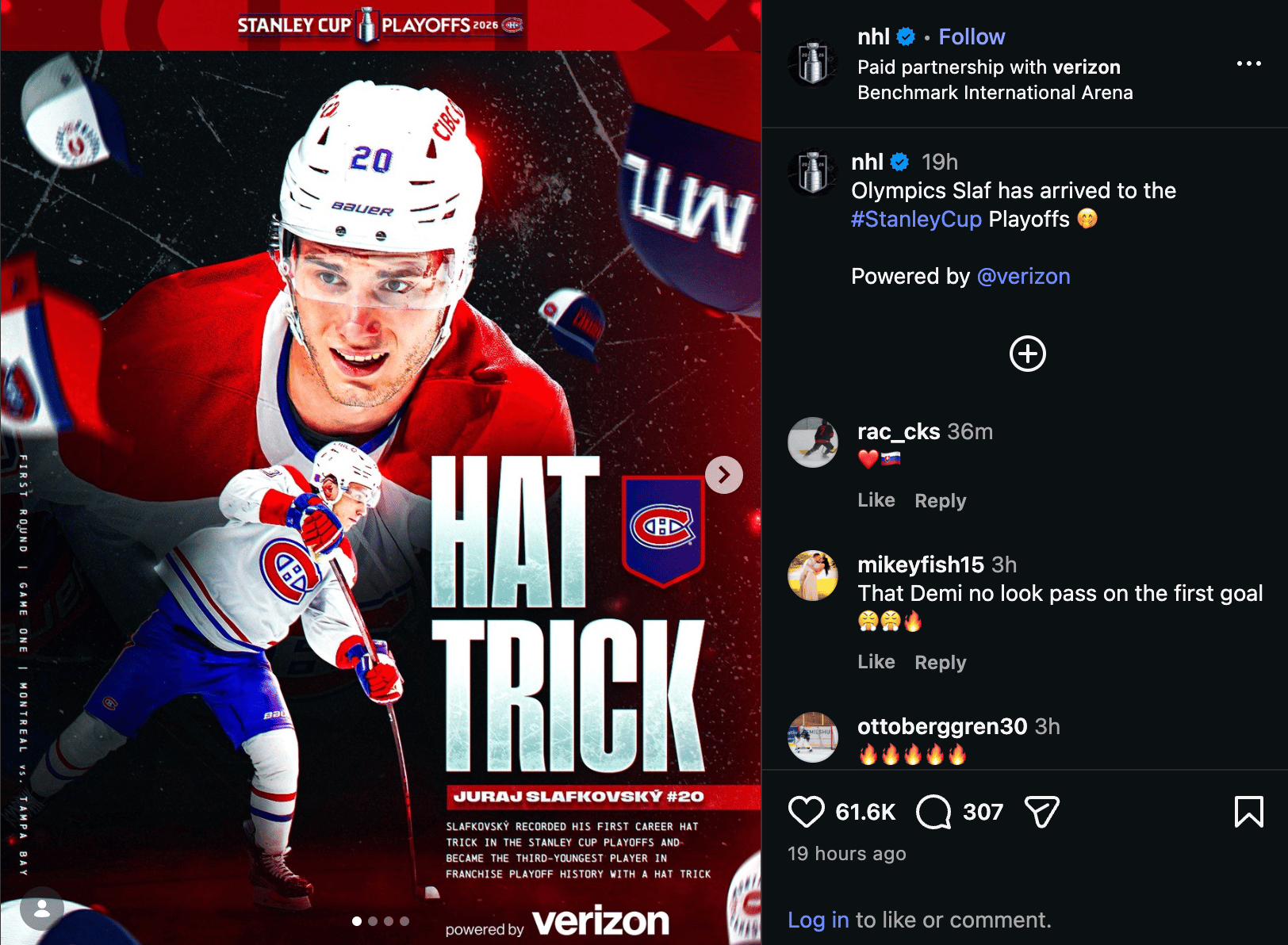 NHL Olympics Slaf Verizon paid partnership post screenshot