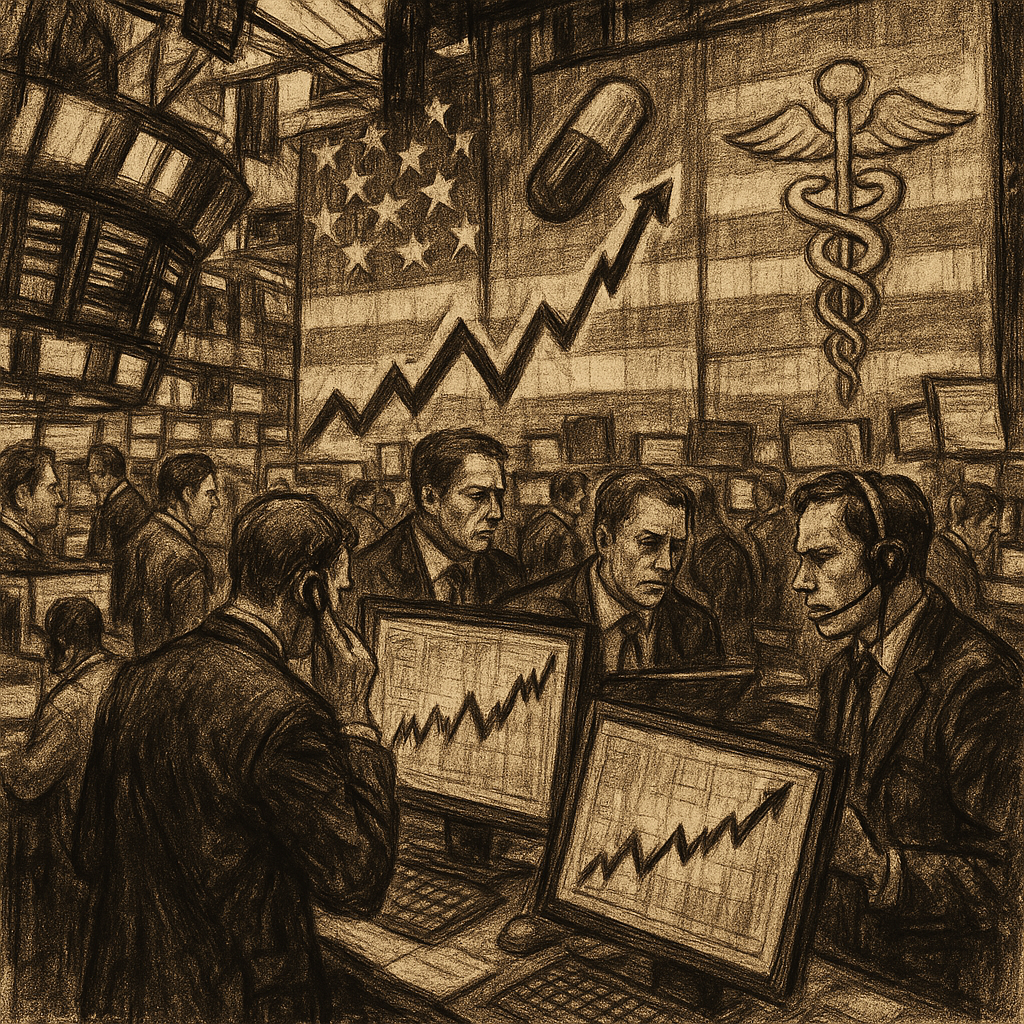 A bustling Wall Street scene with traders monitoring screens showing rising stock charts, overlaid with subtle American flags and pharmaceutical symbols, evoking optimism mixed with cautious vigilance.