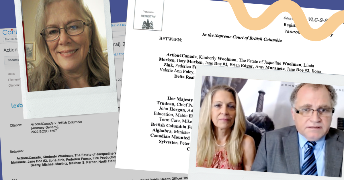 Linda Morken, top left, was part of an Action4Canada lawsuit alleging infringement of Charter rights by COVID response measures. (Bottom right Action4Canada founder Tanya Gaw and lawyer Rocco Galati.) (Illustration: Zoë Ducklow)