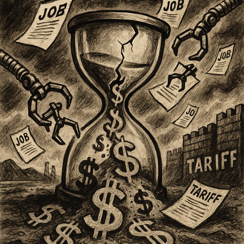 A stylized illustration of a cracked hourglass with sand pouring out shaped like dollar signs, mixed with falling job application papers and robotic arms grabbing them, in a stormy economic landscape with tariff walls in the background.