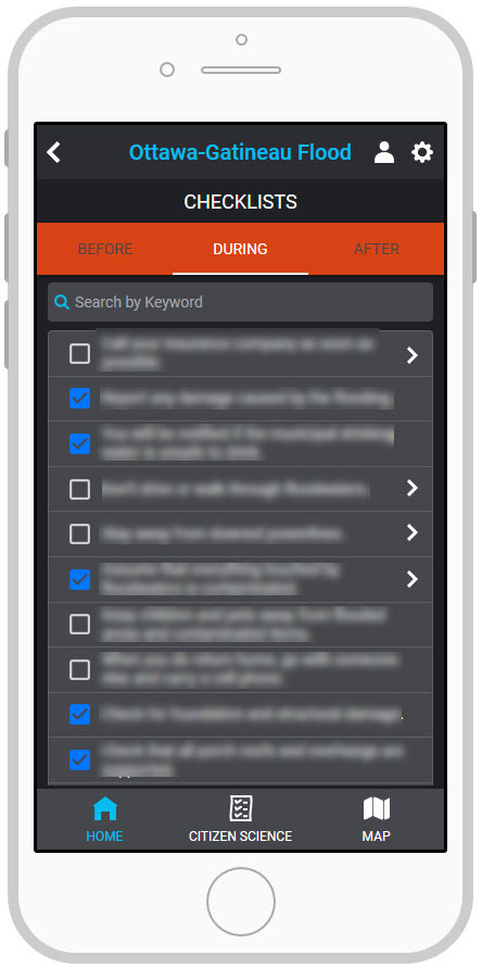 Example of an Action Checklist shared on a mobile device during a flood