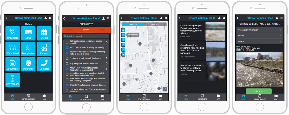 Example flood solution mobile device screens for citizens and communities