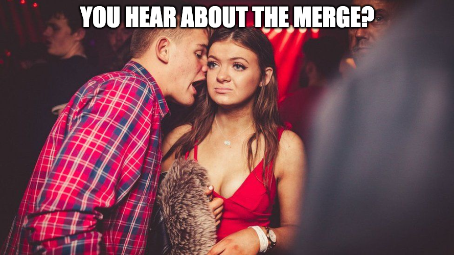 Guy telling woman "You hear about the merge?"