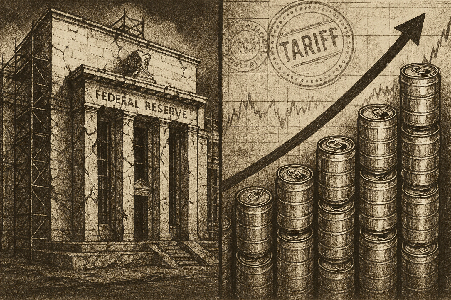 A dramatic split image of a crumbling Federal Reserve building under construction scaffolding on one side, and stacks of recycled aluminum cans forming a rising stock chart on the other, with a faint overlay of tariff stamps and economic graphs, evoking tension and opportunity in a conservative, skeptical tone.