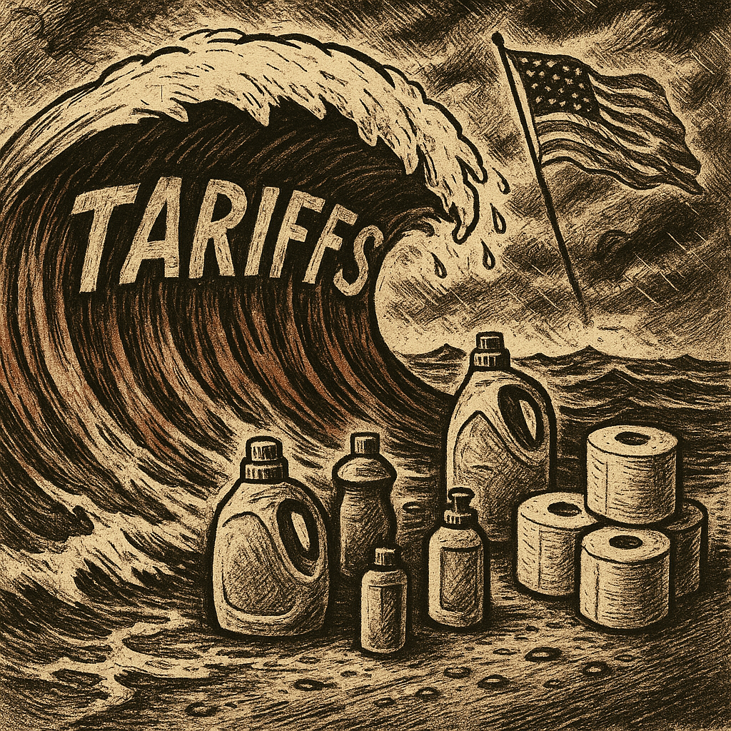 A massive wave of red tariff barriers crashing against a shoreline of consumer goods like detergent bottles and toilet paper, with a faint American flag in the stormy sky, evoking tension and economic pressure.
