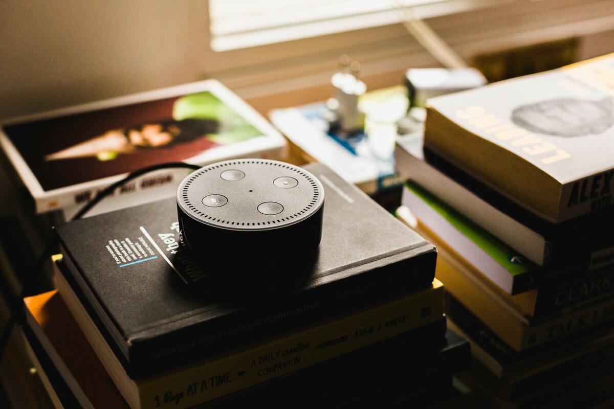 Alexa on a bookshelf