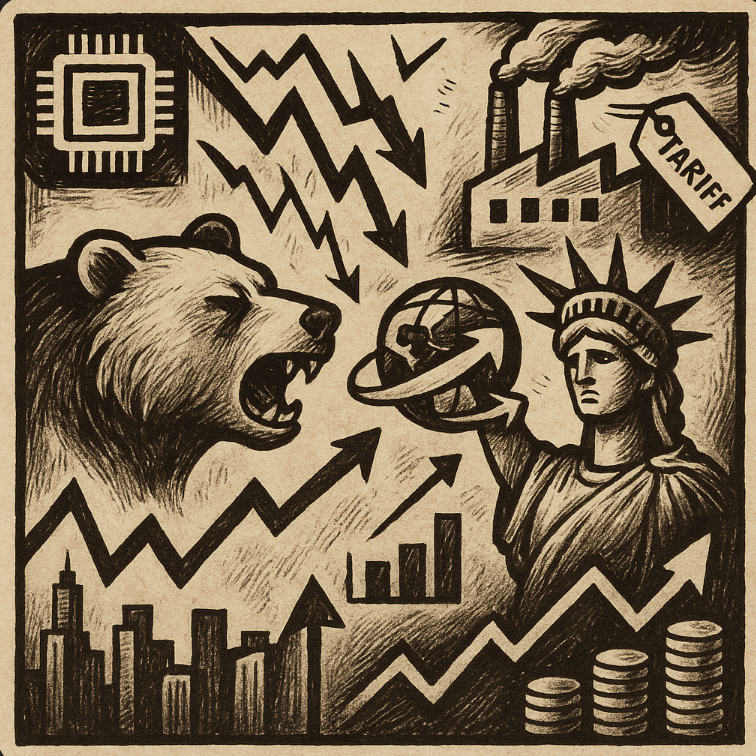 the economic tension of rising tariffs, market volatility, and geopolitical shifts