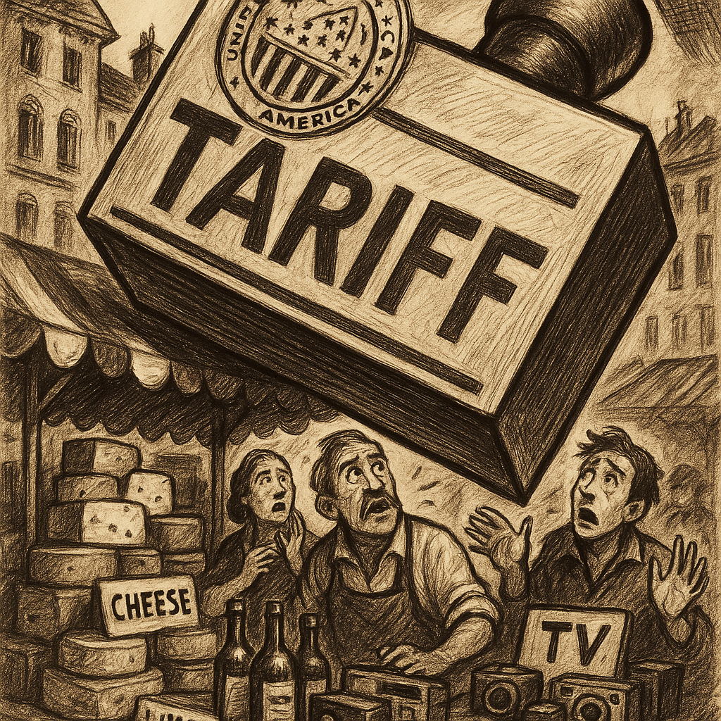 A bustling European market stall overflowing with cheeses, wines, and electronics, overshadowed by a giant American tariff stamp pressing down, with worried traders looking up in alarm