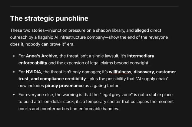 The plausible consequences for Anna’s Archive, NVIDIA, and any other AI developer that trained (directly or indirectly) on shadow libraries like LibGen, Sci-Hub, Z-Library, Books3, or The Pile.