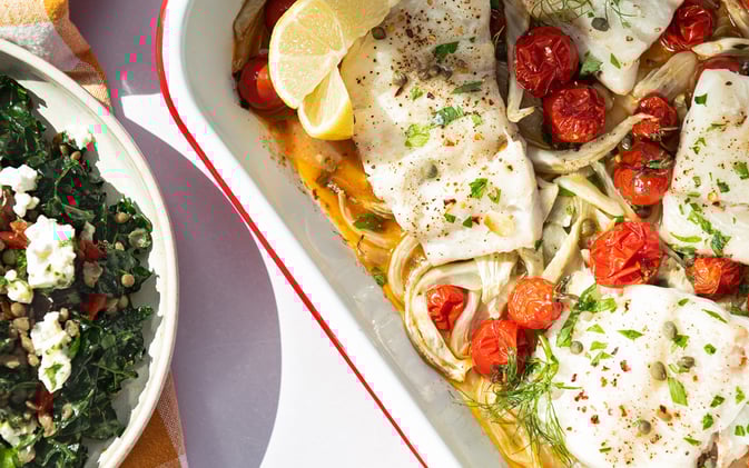 Easy Mediterranean Cod with a Warm Lentil Salad