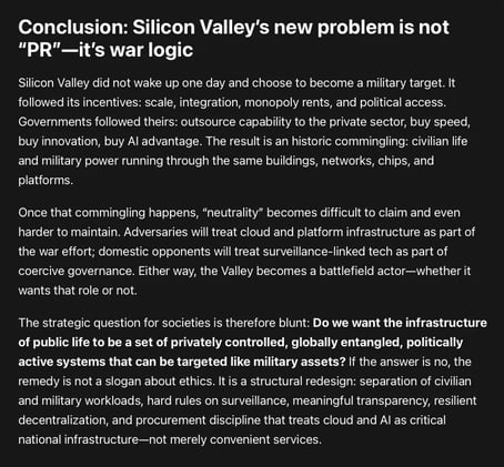 And once militaries and security services run on the cloud—once policing runs on platform data, sensors, and “AI”—the cloud, the platform, and the supply chain stop being neutral.