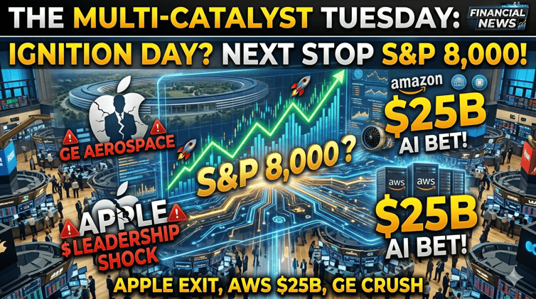 🚀 APPLE CEO EXITS, AMAZON BETS $25B ON AI, GE AEROSPACE CRUSHES Q1 — THE MULTI-CATALYST TUESDAY THAT COULD IGNITE THE NEXT LEG TO S&P 8,000🚀