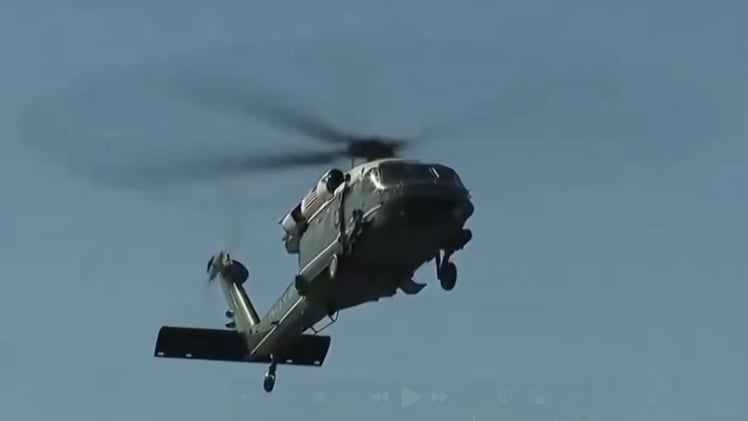 EPIC! President Trump Flies Into Navy’s 250th Birthday To TOP GUN Music!