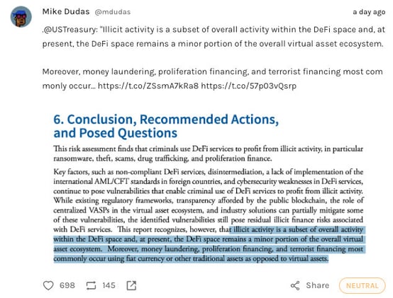 US Treasury calls decentralized markets a threat to national security