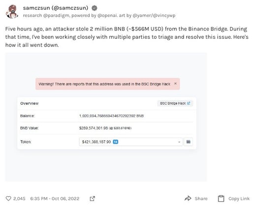 BNB cross-chain bridge attacked leading to 2M BNB stolen