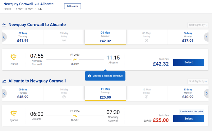 April 12 - Return flights to Alicante for £67