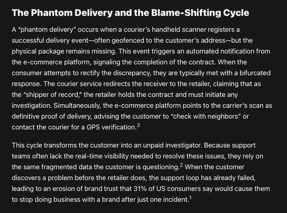 The “phantom delivery” loop: a scenario in which third-party delivery services record a successful drop-off that the consumer never receives, leading to a state of procedural limbo.