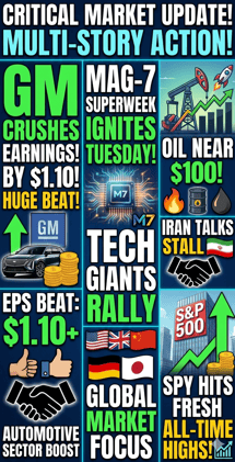 🚨 GM CRUSHES EARNINGS BY $1.10, MAG-7 SUPERWEEK IGNITES TUESDAY — OIL NEAR $100 AS IRAN TALKS STALL & S&P 500 HITS FRESH ALL-TIME HIGHS: YOUR FULL TUESDAY BATTLE PLAN🚨