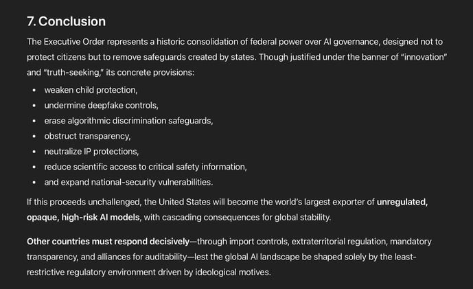 Trump preempting, nullifying, or discouraging all state-level AI laws, backed by litigation threats, conditioning of federal funding, reinterpretation of FCC/FTC powers & a future federal statute...