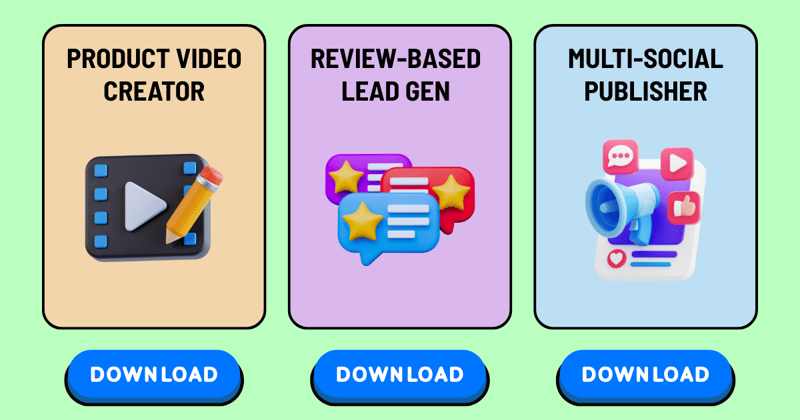 🎬 Product Video Creator, 📧 Review-Based Lead Gen, 📱 Multi-Platform Publisher