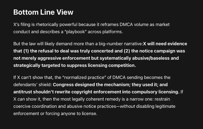 X needs evidence that refusal to deal was truly concerted and notice campaign was not aggressive enforcement but systematically abusive and strategically targeted to suppress licensing competition.