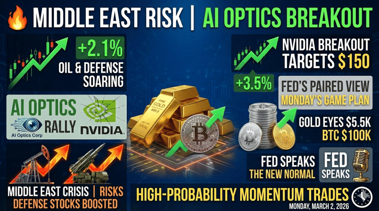 🔥 Middle East Risk Premium + AI Optics Breakout: High-Probability Momentum Trades for Monday, March 2, 2026