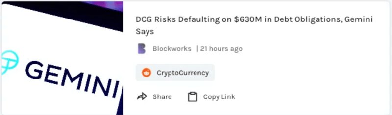 Gemini says DCG at risk on defaulting on $630M debt obligations